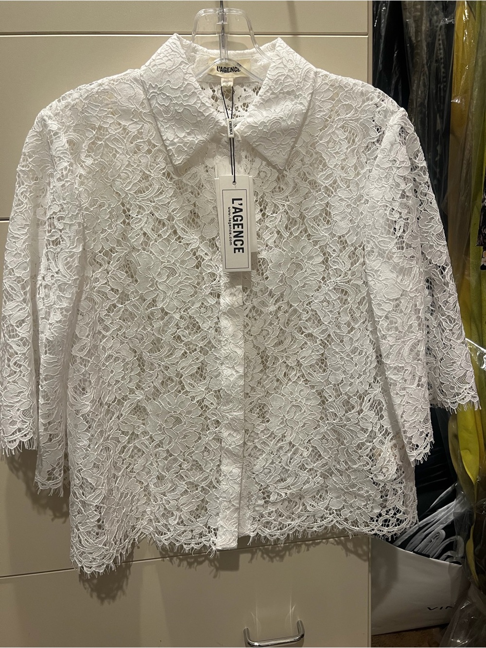 L'AGENCE White Lace V-Neck Button Top